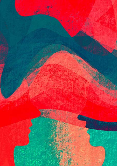 L'image est une abstraction géométrique audacieuse et vibrante composée de formes organiques entrecroisées dans des couleurs primaires vives - rouge, bleu et vert, illustrant la rencontre éthique, culture et santé.