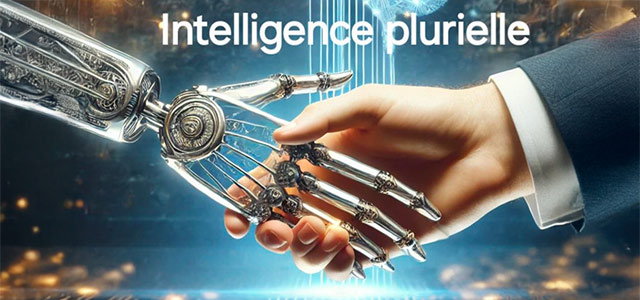 Illustration représentant une main humaine et une main robotique se rejoignant, symbolisant l’alliance entre intelligence humaine, collective et artificielle.