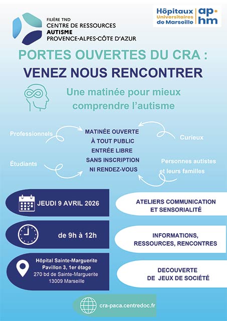 Affiche des portes ouvertes du Centre Ressources Autisme à l’Hôpital Sainte-Marguerite, présentant une matinée d’information et d’ateliers pour mieux comprendre l’autisme.