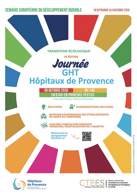 Affiche de la 2e édition de la Journée GHT Hôpitaux de Provence consacrée à la transition écologique, le 8 octobre 2026 de 9h à 14h au CH d’Aix-en-Provence-Pertuis.