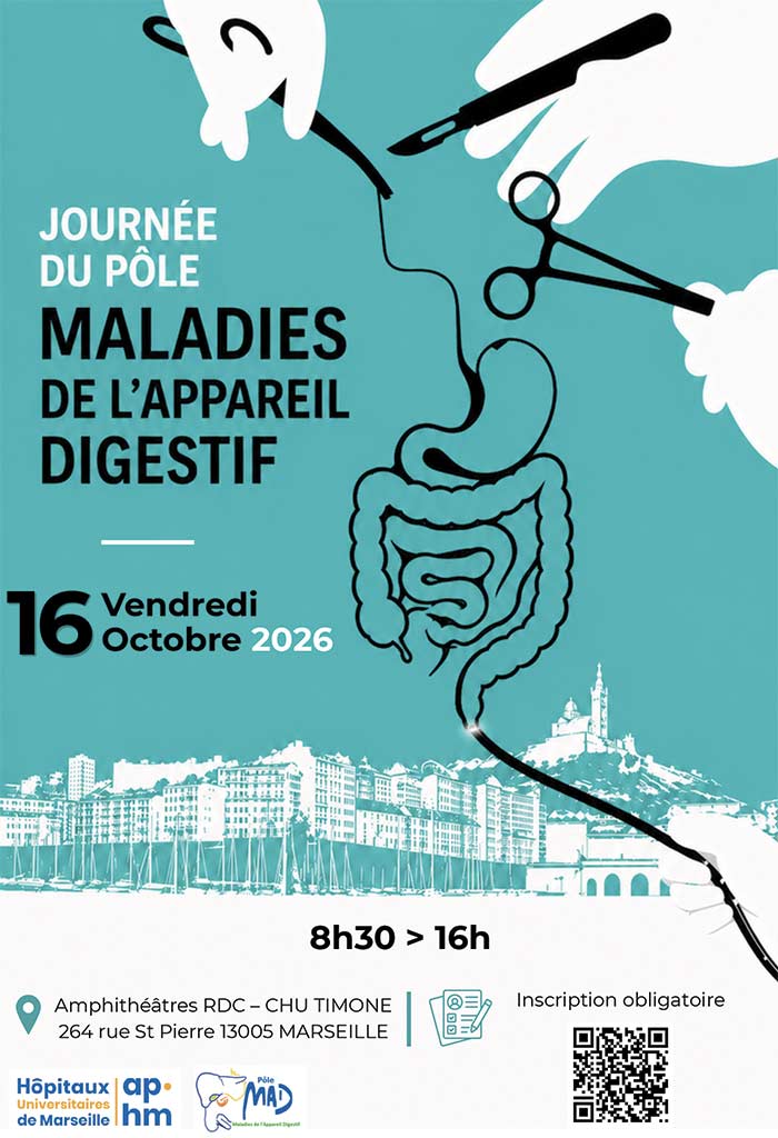 Affiche de la Journée du Pôle des maladies de l'appareil digestif organisée le 16 octobre 2026 au CHU Timone à Marseille.