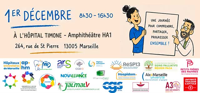 Affiche du séminaire Soins palliatifs organisé le 1er décembre 2026 à l'Hôpital de la Timone autour de cinq thématiques de pratique.
