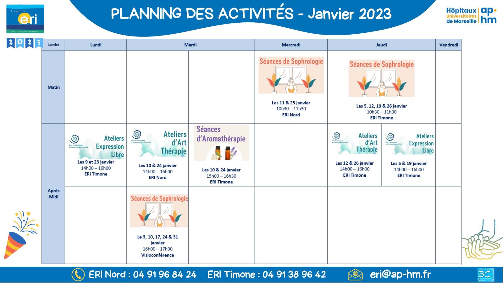 Planning des activités des ERI de l'AP-HM pour janvier 2023