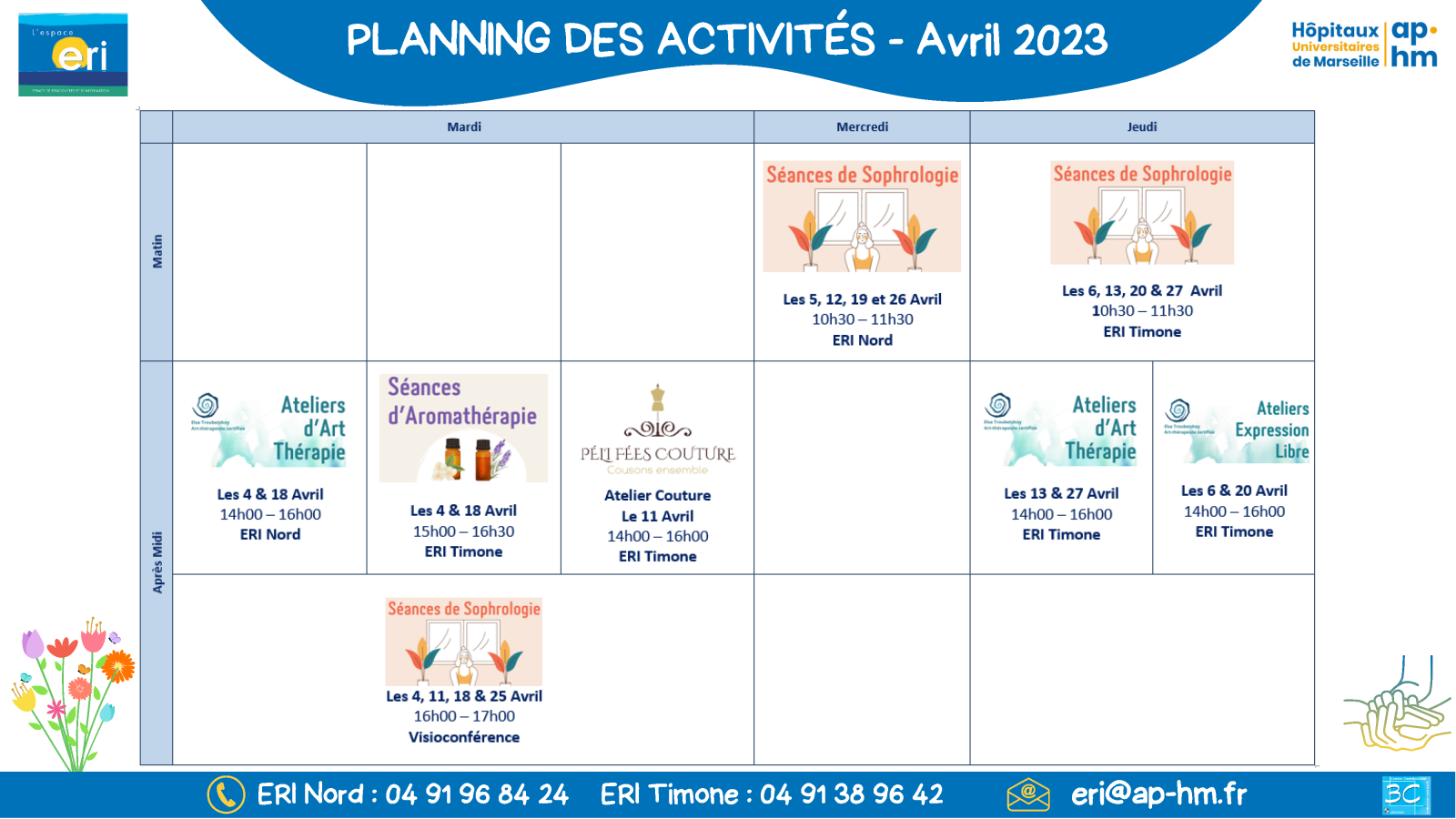 Planning des activités des ERI de l'AP-HM pour AVRIL 2023