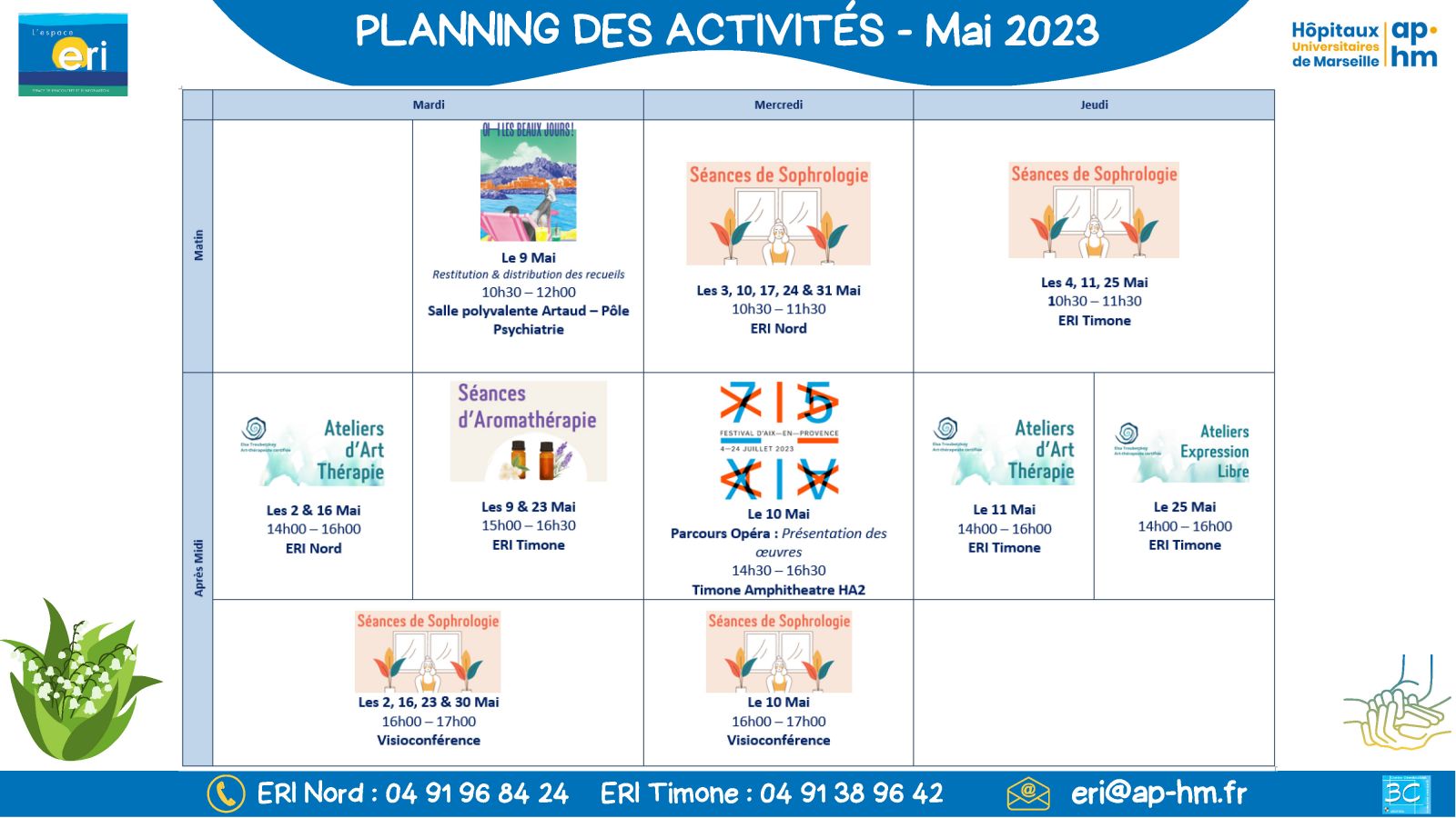 Planning des activités des ERI de l'AP-HM pour mai 2023